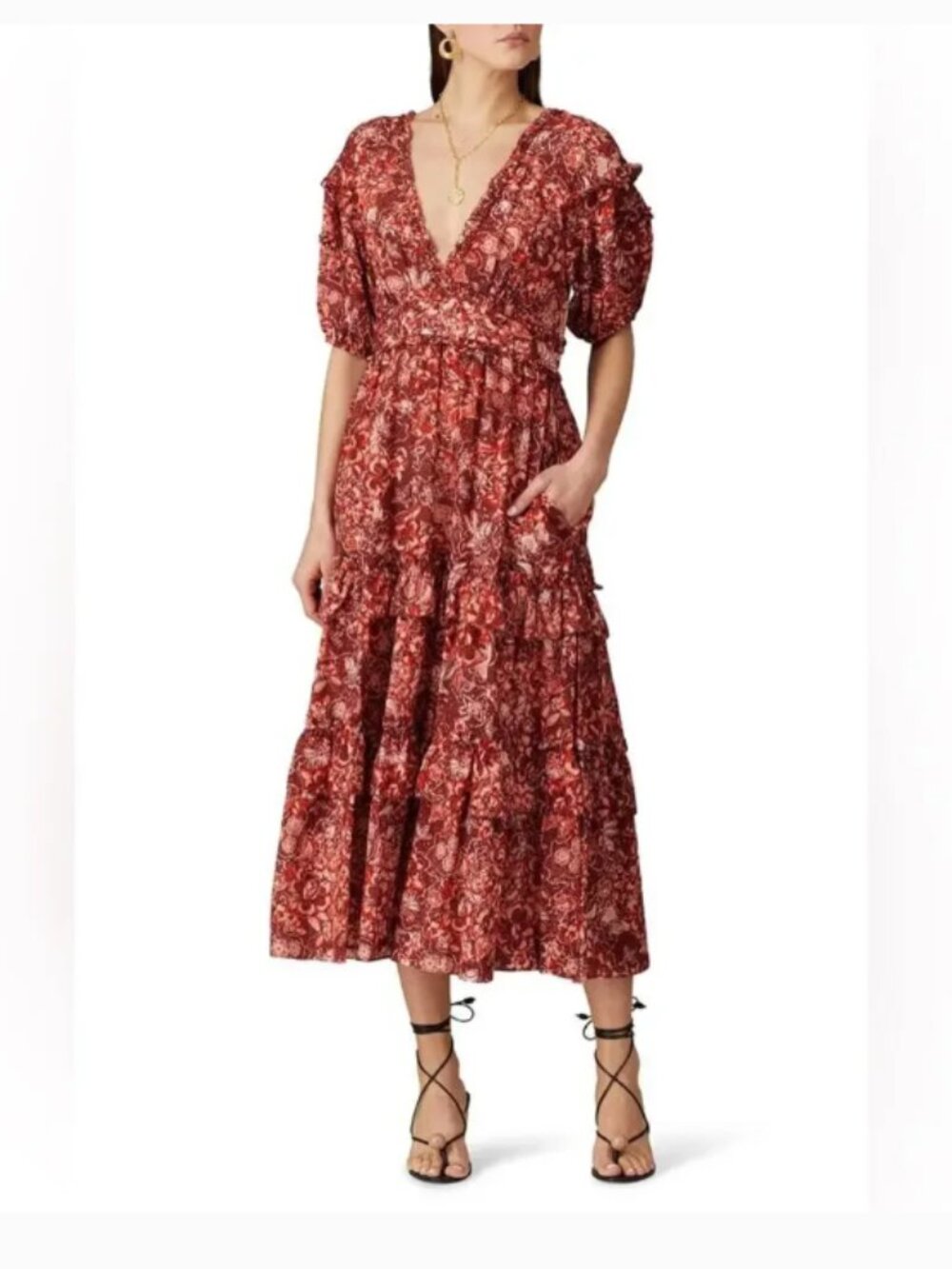 Ulla Johnson Red Floral Amora Ruffle Boho Bohemian Midi Dress